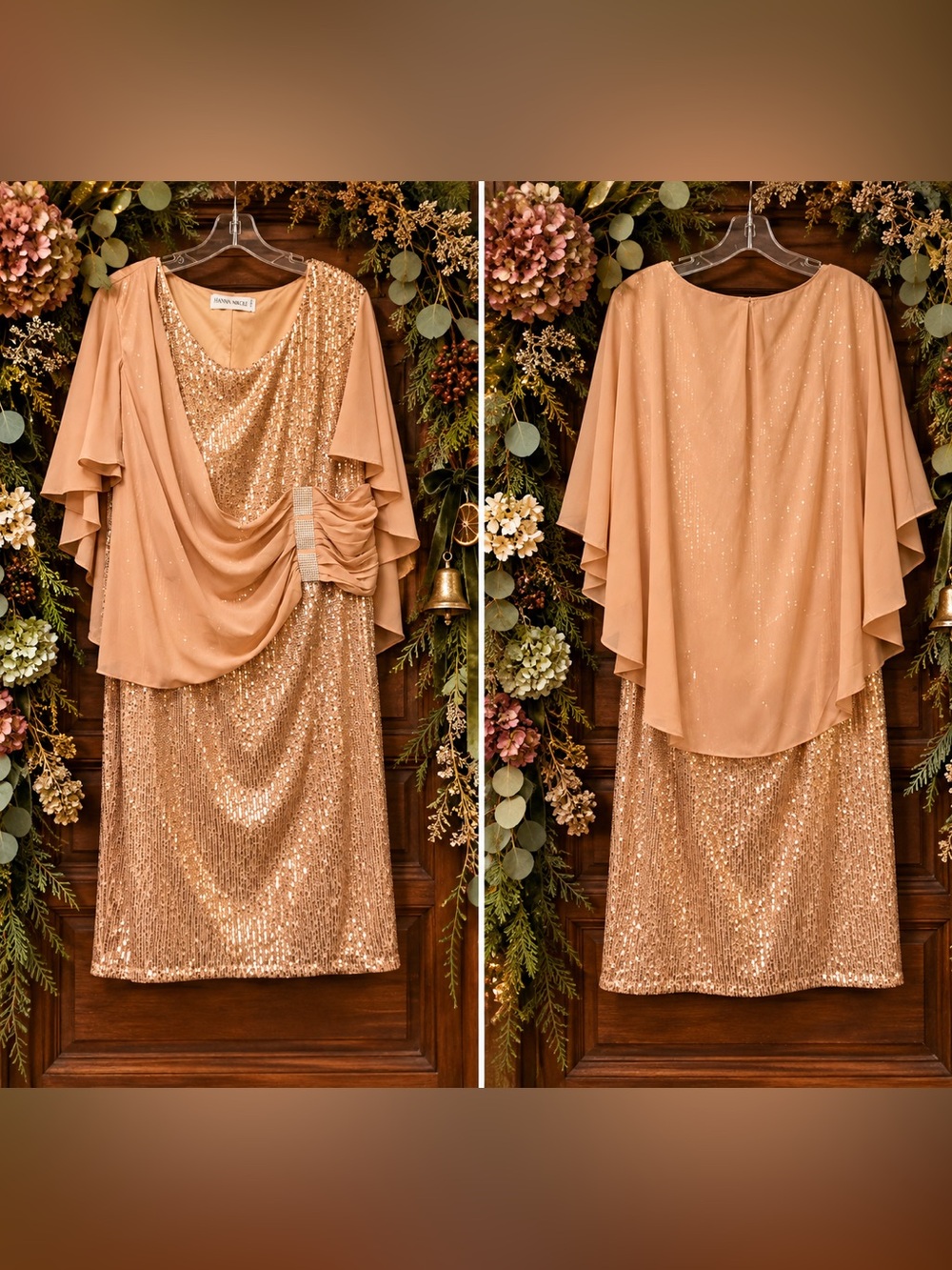 Hanna Nikole Rose Gold Champagne Sequin Chiffon Cape Midi Dress – Size 18W